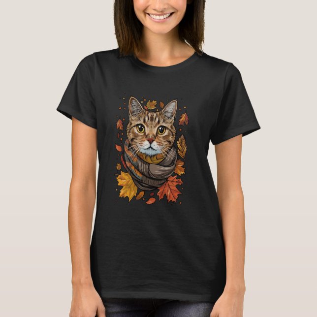 Retro Herbstkatze mit Herbstblättern Fall Dankfest T-Shirt (Vorderseite)