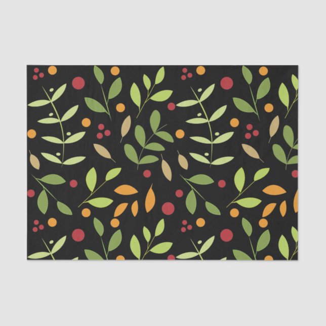 Retro-Herbstlaube und Berries Botanischer Schwarz Seidenpapier (Vorderseite)