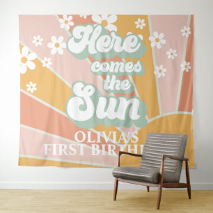 Retro Here Comes the Sun Gänseblümchen Sonnenschei Wandteppich