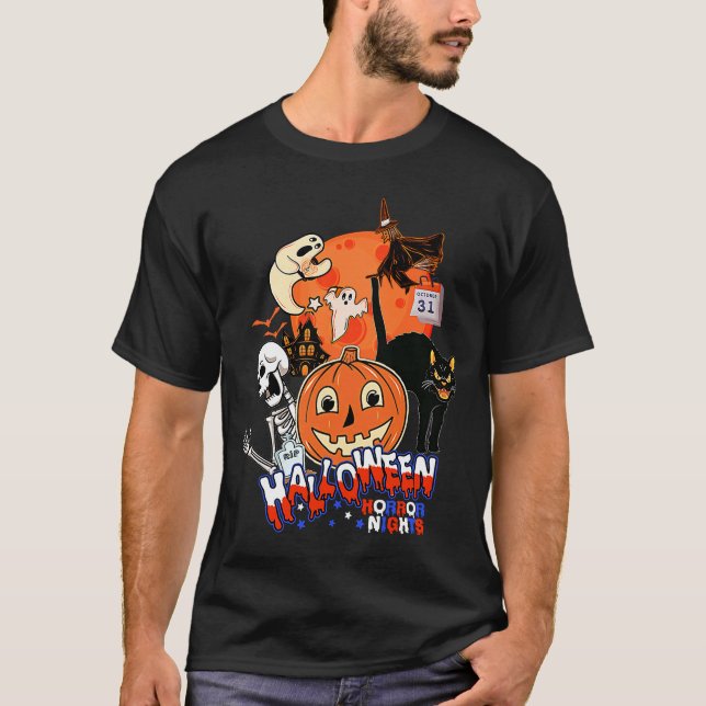Retro Hexe Ghost Pumpkin Black Cat Skeleton Hall T-Shirt (Vorderseite)
