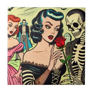 Retro Hexe Vampire Girl Horror Comic Fliese