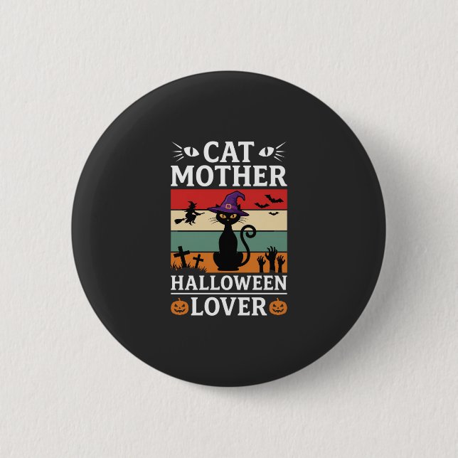 Retro-Hexen-Design für Halloween-Katz-Mutter-Liebh Button (Vorderseite)