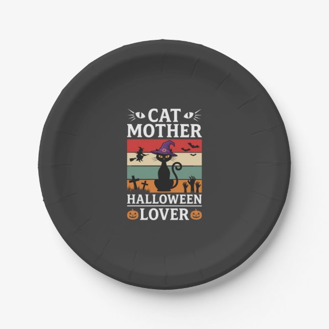 Retro-Hexen-Design für Halloween-Katz-Mutter-Liebh Pappteller (Vorderseite)