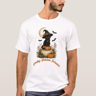 Retro Hexen Schwarze Katze Gruselige Jahreszeit Fo T-Shirt