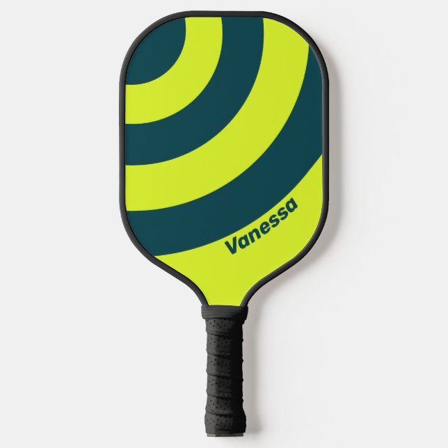 Retro HI VIS Yellow Three Circle Streifen mit Name Pickleball Schläger (Vorderseite)