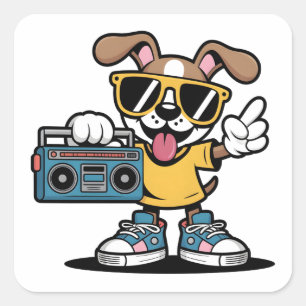 Retro Hip Hop Hund: Cooler Cartoon-Welpe Quadratischer Aufkleber