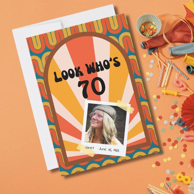 Retro Hippie 60's Foto 70. Geburtstag Einladung (Groovy waves and a polaroid template for a photo of the birthday celebrant! )