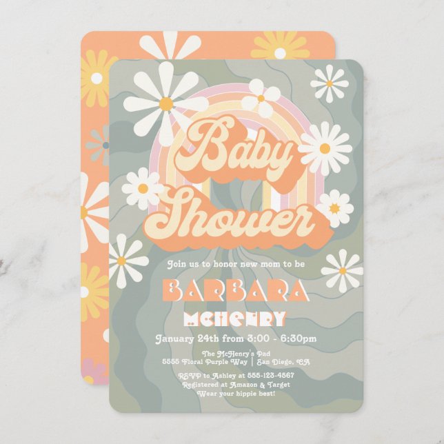 Retro Hippie 70's Rainbow Daisy Baby Shower Einladung (Vorne/Hinten)