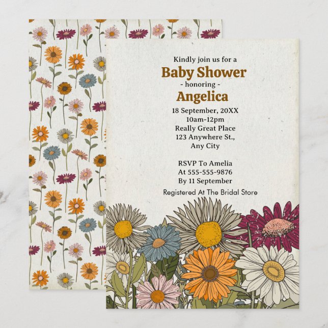 Retro Hippie Blume Kinderdusche Einladung (Vorne/Hinten)