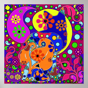 Retro Hippie Blume Power Farbiges Katzenposter Poster