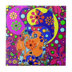 Retro Hippie Blume Power Paisley Cat Pop Art Fliese