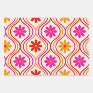Retro-Hippie-Blumen auf rotem orangefarbenem rosa Geschenkpapier Set