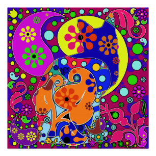 Retro Hippie-Blumen-Power-Paisley-Katzen-Pop-Kunst Poster