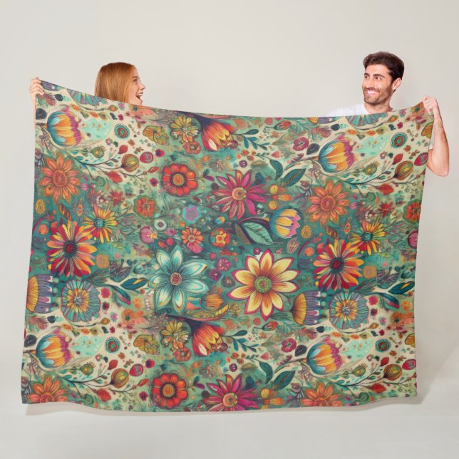 Retro Hippie: Blumen-Teppichdecke Fleecedecke (Beispiel)