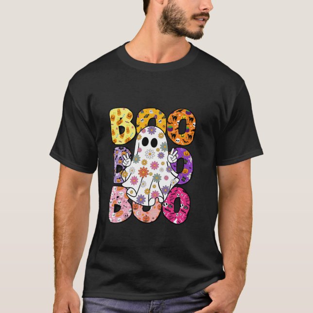 Retro Hippie Boo Ghost Floral Halloween Spooky Sea T-Shirt (Vorderseite)