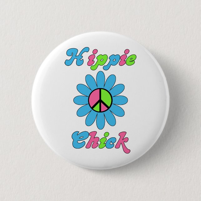 Retro Hippie Chick Peace Blume Button (Vorderseite)