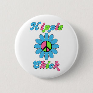 Retro Hippie Chick Peace Blume Button