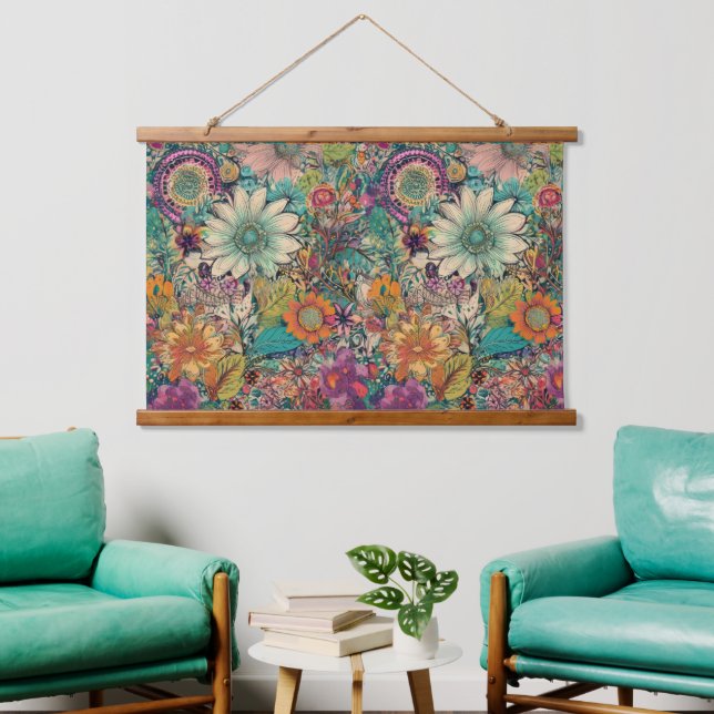 Retro Hippie: Daisy Wall hängen Wandteppich Mit Holzrahmen (Wohnzimmer)