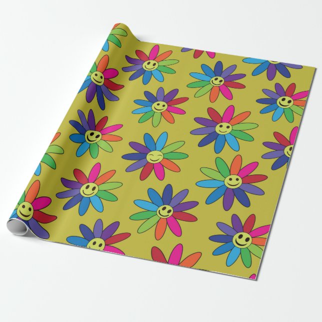 Retro Hippie farbenfrohe lächelnde Blume Muster Geschenkpapier (Ungerollt)