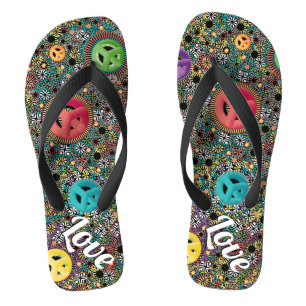 Retro-Hippie-Farbenfrohes Friedenszeichen 60er-Mus Flip Flops