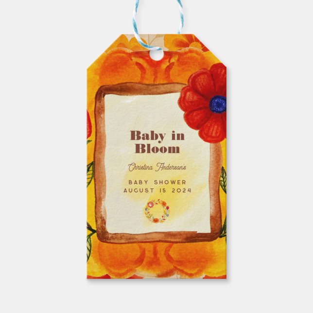 Retro Hippie Floral Watercolor Orange Babydusche Geschenkanhänger (Vorderseite)