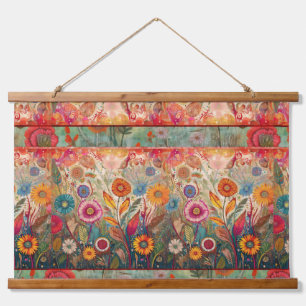 Retro Hippie: Florales Patchwork-Wandbild Wandteppich Mit Holzrahmen