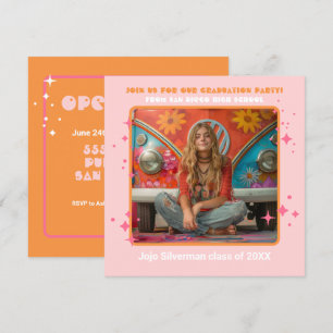 Retro Hippie Foto Graduation Party Rosa Orange Einladung