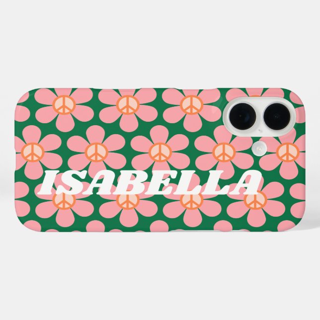 Retro Hippie Friedensblume Grüner Personalisierter Case-Mate iPhone Hülle (Rückseite (Horizontal))