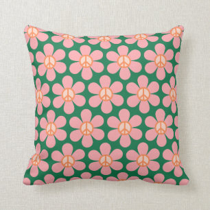 Retro-Hippie-Friedenszeichen-Blume Grün und Rosa Kissen