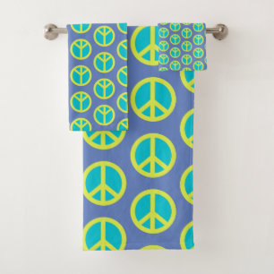 Retro-Hippie-Friedenszeichen-Muster in Blau Badhandtuch Set