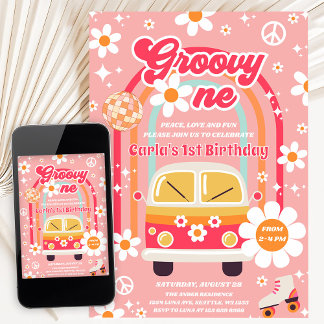 Retro Hippie Gänseblümchen Regenbogen Groovy Eins  Einladung