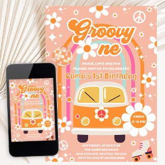 Retro Hippie Gänseblümchen Regenbogen Groovy Eins  Einladung