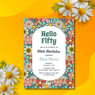 Retro Hippie Groovy Blume Hallo Fünfzig Geburtstag Einladung