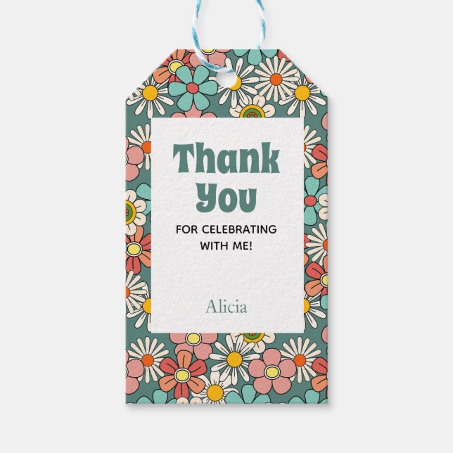 Retro Hippie Groovy Blume Hallo Fünfzig Geburtstag Geschenkanhänger (Vorderseite)