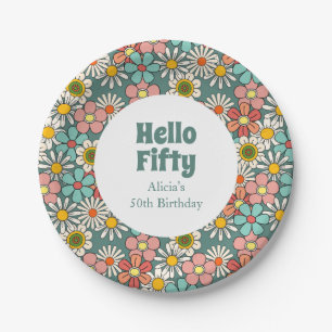 Retro Hippie Groovy Blume Hallo Fünfzig Geburtstag Pappteller