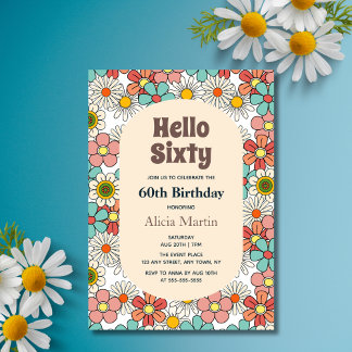 Retro Hippie Groovy Blume Hallo Sechzig Geburtstag Einladung