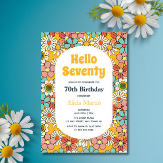 Retro Hippie Groovy Blume Hallo Siebzig Geburtstag Einladung