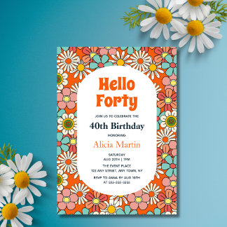 Retro Hippie Groovy Blume Hello 40 Geburtstag Einladung