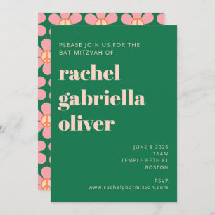 Retro Hippie Peace Blume Green Pink Bat Mitzvah Einladung