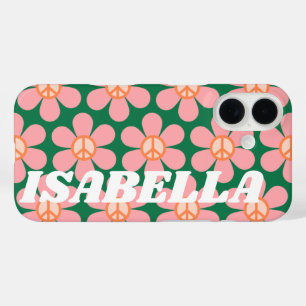 Retro Hippie Peace Blume Grüner Personalisierter N iPhone 16 Hülle