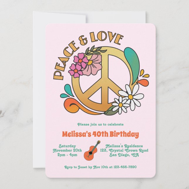 Retro Hippie Peace & Liebe Floral Geburtstag Einladung (Vorderseite)