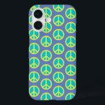 Retro Hippie Peace Sign Muster in Blau iPhone 16 Hülle<br><div class="desc">Retro Hippie Peace Sign Muster in Blue Phone Case</div>