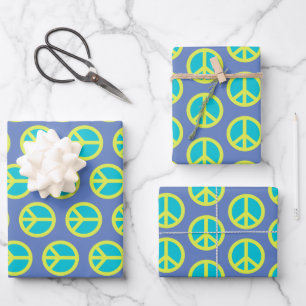 Retro Hippie Peace Sign Muster in Blau  Geschenkpapier Set