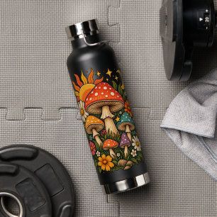 Retro-Hippie-Pilz- und Wildblumen-Illustration - Trinkflasche