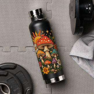 Retro-Hippie-Pilz- und Wildblumen-Illustration - Trinkflasche