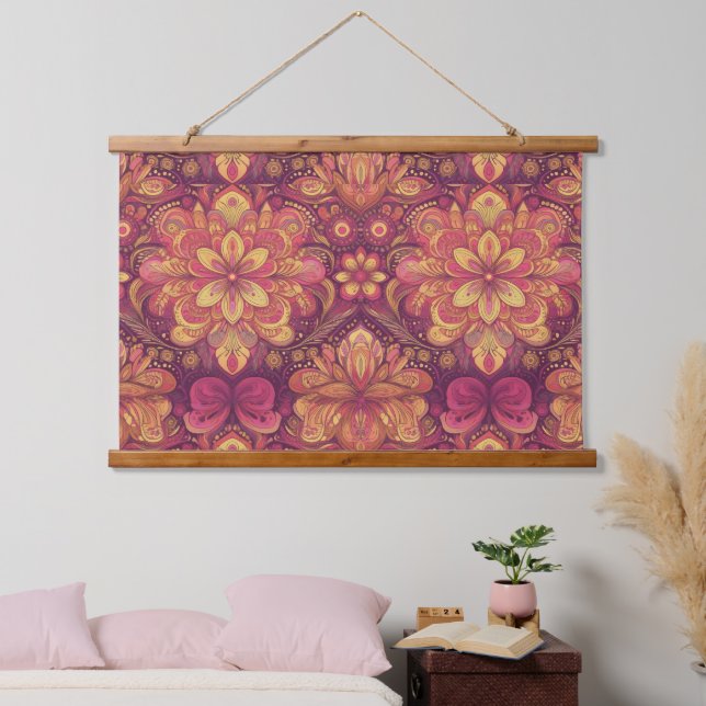 Retro Hippie: Pink Road Trip Wall hängen Wandteppich Mit Holzrahmen (Schlafzimmer)