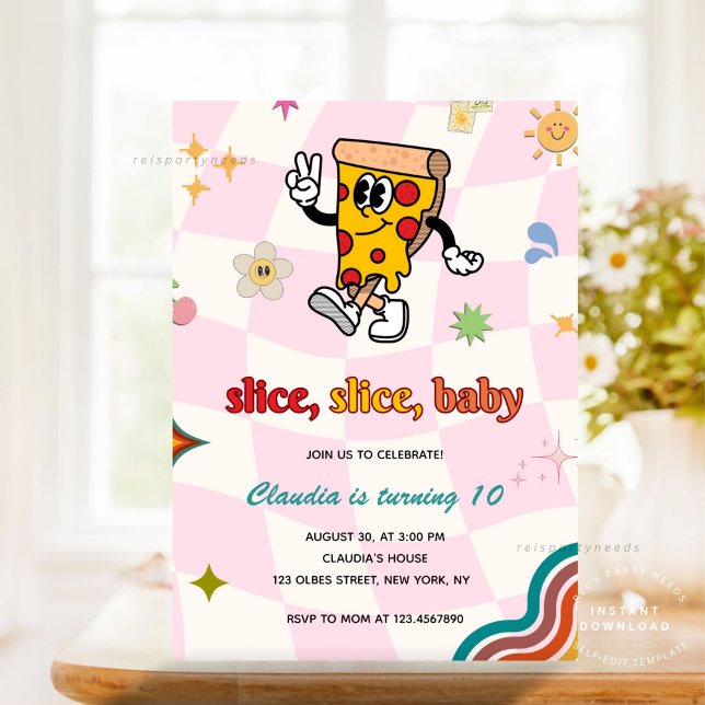 Retro Hippie Pizza Geburtstagsparty Einladung (Pizza Party, Pizza Birthday Invitation, Slice Slice Baby Invitation, Pizza Making Birthday, Retro Pi)