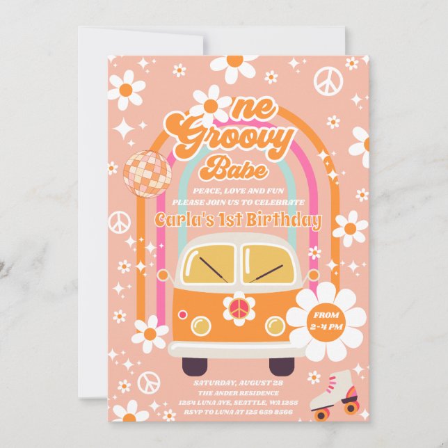 Retro Hippie Rainbow One Groovy Babe 1st Birthday Einladung (Vorderseite)