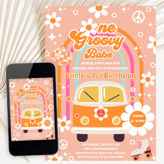 Retro Hippie Regenbogen Ein Groovy Babe 1. Geburts Einladung