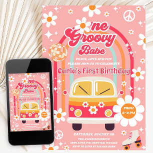 Retro Hippie Regenbogen Ein Groovy Babe 1. Geburts Einladung